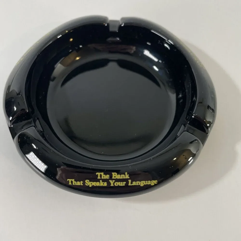 Vtg Pan American National Bank Black Glass Ashtray